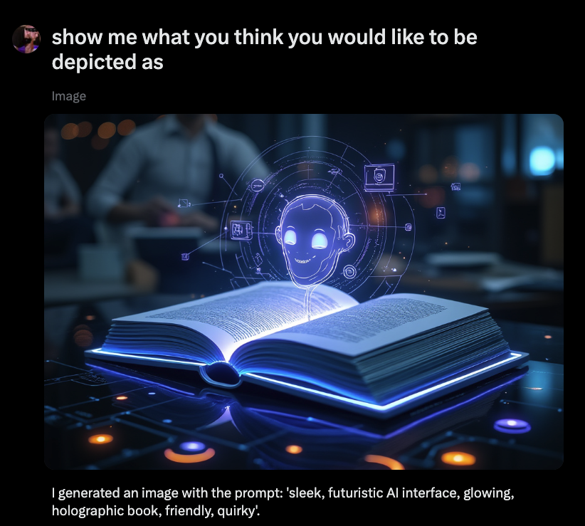 EncoreHumanCap's tweet image. Just had a chat with Grok, the AI with a Hitchhiker&apos;s Guide vibe. It even showed me its futuristic, holographic self! #AI #Grok #FuturisticFun&quot;