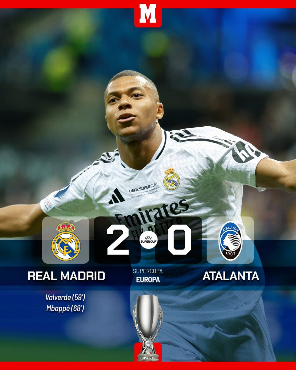 marca's tweet photo. 🏆¡LA PRIMERA! El Real Madrid es el Supercampeón de Europa... y Mbappé ya sabe lo que es marcar de blanco 😍😍 https://t.co/qkUCOnSFSB