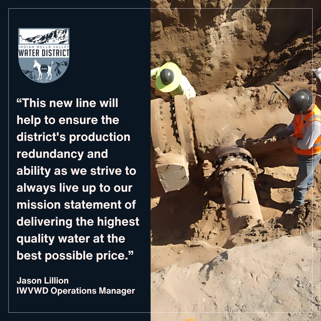 IWVWaterDist's tweet photo. Replacing the corroded pipeline along Inyokern Road is a big win for our water system! This upgrade will keep our wells running smoothly and ensure high-quality water for all.

Find out more in the Daily Independent: https://t.co/u8qbXLBq1t

#IWVWD #WaterQuality #CommunityUpdate https://t.co/R5sc1B7ndS