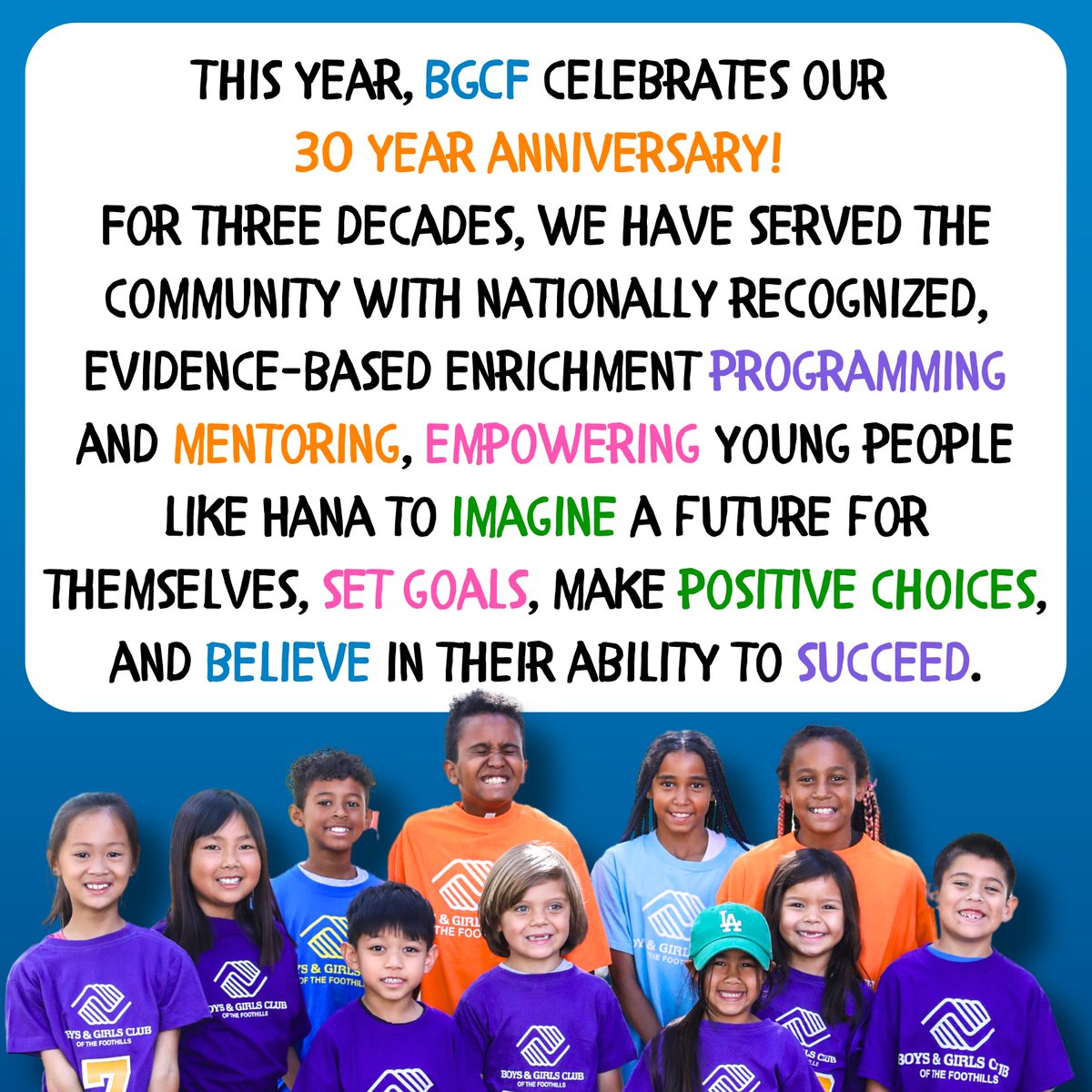 FoothillsBGC's tweet photo. Have you heard the news? We are celebrating our 30 year anniversary by serving TEN additional sites and 750 more kids! Your support today will help us build the infrastructure necessary to successfully sustain growth, and set us up for additional expansion. https://t.co/Pa77tAIRoq