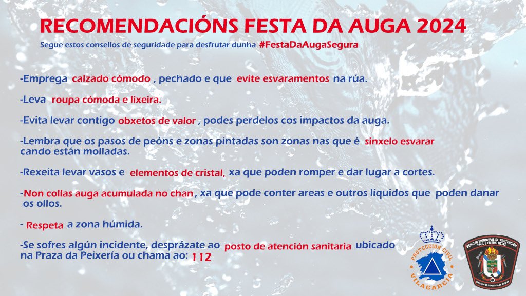⚠️IMPORTANTE⚠️

•Aquí vos deixamos unhas recomendacións de cara á celebración da #FestaDaAuga2024.

Comparte para previr emerxencias e facer unha festa máis segura!
 
<a href="/112Galicia/">112 Galicia</a> <a href="/PLVgA/">Policías Locais Vilagarcía</a>