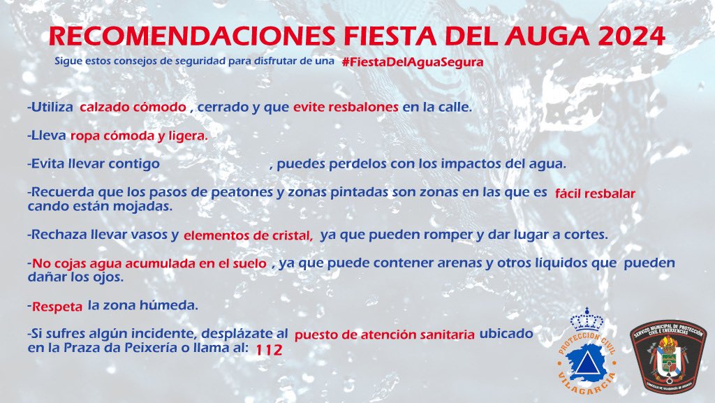 ⚠️IMPORTANTE⚠️

•Aquí os dejamos unas recomendaciones de cara a la celebración de la #FiestaDelAgua2024.

Comparte para prevenir emergencias y hacer una fiesta más segura!

<a href="/112Galicia/">112 Galicia</a>  <a href="/PLVgA/">Policías Locais Vilagarcía</a>