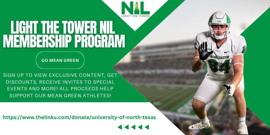Jett Duncan (@jettrduncan) on Twitter photo Mean Green Nation! Sign up for the <a href="/LTTNIL/">Light The Tower</a> membership program today to get access to BTS content, invites to events, and more! All proceeds of the membership program directly benefit me and my teammates through NIL! #GoMeanGreen
thelinku.com/donate/univers… Mean Green Nation! Sign up for the <a href="/LTTNIL/">Light The Tower</a> membership program today to get access to BTS content, invites to events, and more! All proceeds of the membership program directly benefit me and my teammates through NIL! #GoMeanGreen
thelinku.com/donate/univers…