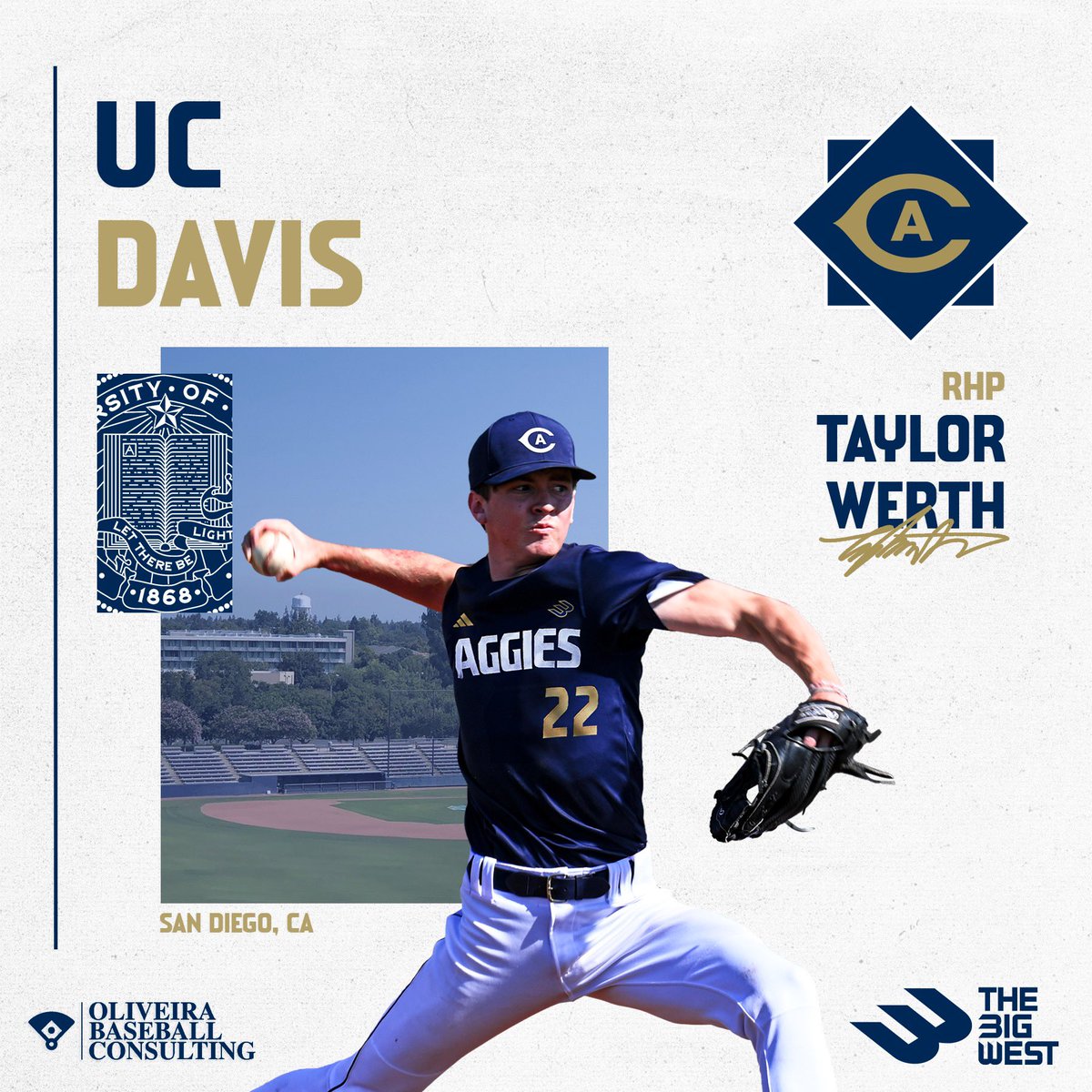 Congrats to Taylor Werth on his commitment to the University of California, Davis. The Aggies are bringing an immediate impact arm to Davis. Excited for the Werth family! #UCD #GoAgs #BigWest #Committed #OBC