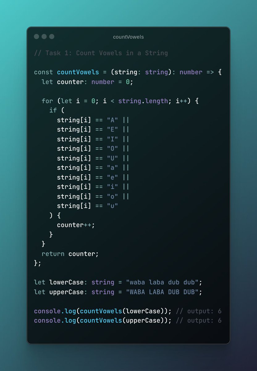 realg701's tweet image. Day 13:-
Task 1: Count Vowels in a String
Task 2: Find the Missing Number in an Array
30 days coding challenge started by #Hello_Coders admins Kanwal Heer | Naimal Arain | Filza Khan
#Hello_Coders_Probelm_Solving_Challenge
#Problem_Solving
#From_Basic
#challenge
#DSA