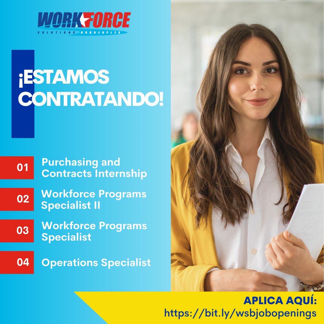 ¡Únete a nuestro equipo en WSB! Postúlate aquí: bit.ly/wsbjobopenings
1️⃣ Purchasing and Contracts Internship
2️⃣ Workforce Project Specialist II
3️⃣ Workforce Programs Specialist
4️⃣ Operations Specialist
 #WSBJobs #JobOpening #NowHiring #CareerOpportunity #OportunidadDeTrabajo