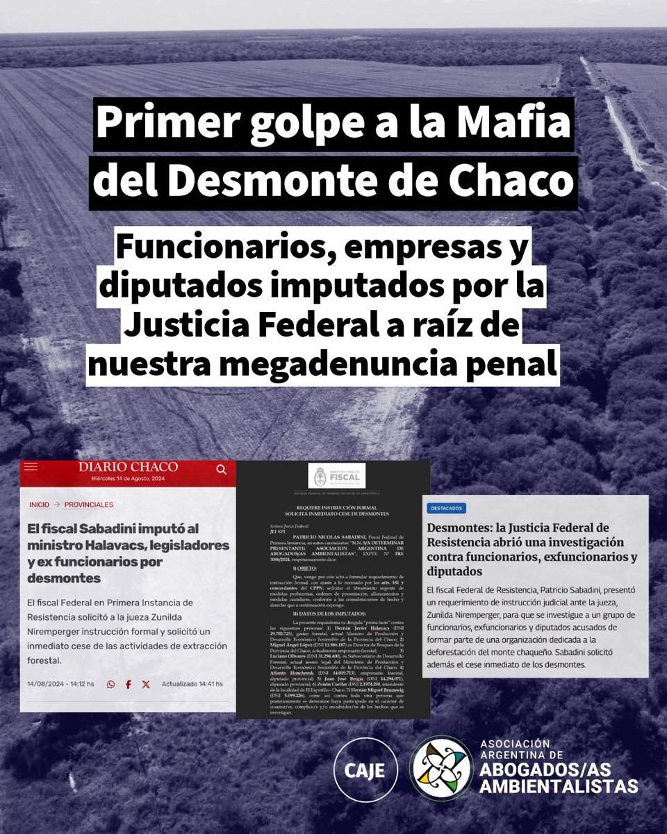 ⚖️ Imputados altos funcionarios, diputados y empresas, en respuesta a nuestra megadenuncia penal🚨

Representa un golpe decisivo contra la llamada #MafiadelDesmonte de #Chaco, organización criminal devastó (y devasta) miles de hectáreas de monte nativo

aadeaa.org/primer-golpe-a…