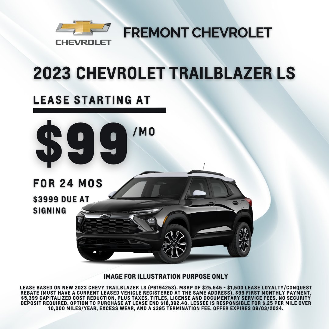 FremontCAChevy's tweet image. Why wait? Lease the 2023 Chevrolet Trailblazer LS for just $99/mo. Don&apos;t miss out on this amazing deal! 🚙🌟 #TrailblazerLS #Chevy2023 #LeaseNow

Shop For Yours at 👉 chevroletoffremont.com/VehicleDetails…