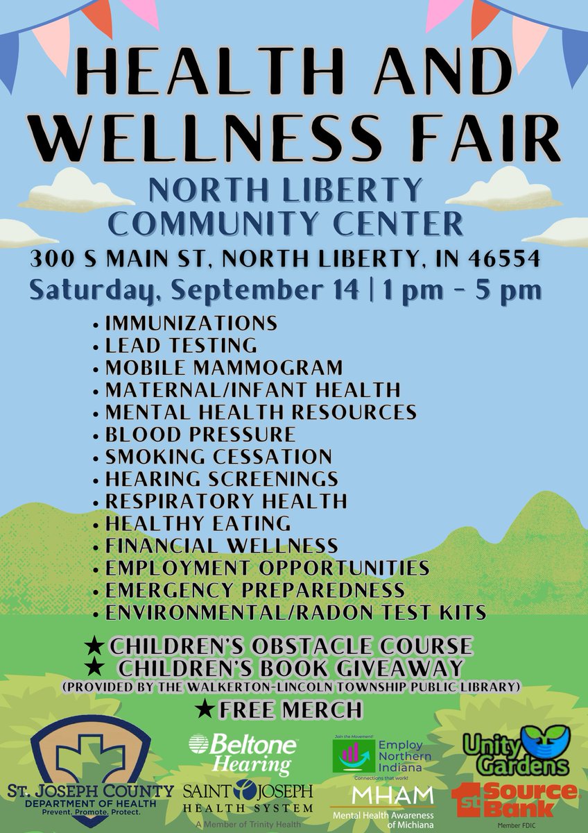 📢Residents of North Liberty and Walkerton 📢

We're partnering with numerous local organizations to bring quality care right to you.

There will be fun activities for the kids, free children's books, and over 15 medical services/resources offered. We hope to see you on September