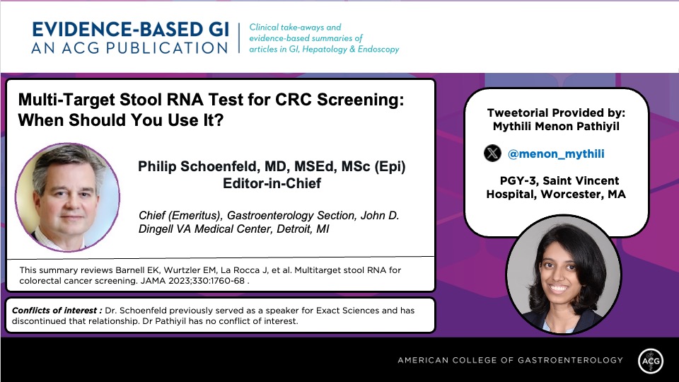 Evidence-Based GI: An ACG Publication (EBGI) (@acg_ebgi) on Twitter photo 1/ ⏰ for #EBGITweetorial🧵w/ <a href="/menon_mythili/">Mythili Menon Pathiyil(she/her)</a>!
“Multi-Target Stool RNA Test for CRC Screening: When Should You Use It?”
📜Summary bit.ly/3ywKTs9
🎧 Podcast bit.ly/4cfYSjR
📰Article bit.ly/4dCGNxy
#GITwitter 1/ ⏰ for #EBGITweetorial🧵w/ <a href="/menon_mythili/">Mythili Menon Pathiyil(she/her)</a>!
“Multi-Target Stool RNA Test for CRC Screening: When Should You Use It?”
📜Summary bit.ly/3ywKTs9
🎧 Podcast bit.ly/4cfYSjR
📰Article bit.ly/4dCGNxy
#GITwitter