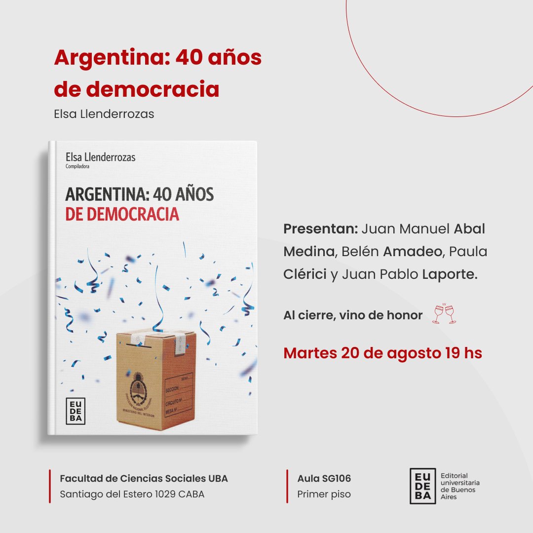 La democracia argentina cumplió 40 años y le regalamos este libro con capítulos de especialistas premium, compilado por <a href="/ElsaLlender/">Elsa Llenderrozas</a>  y publicado por <a href="/EdEudeba/">Eudeba Editorial</a> 
Lo presentamos el próximo martes en las <a href="/jornadascpuba/">Jornadas CP UBA</a> .