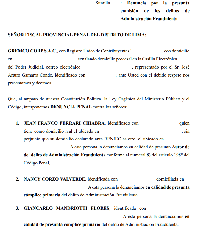 mariano3154's tweet photo. GREMCO INTERPONE DENUNCIA PENAL EN CONTRA DE JEAN FERRARI por presuntamente utilizar dinero de Universitario para pagar abogados QUE DEFIENDEN SU CASO PERSONAL en la investigación por Tráfico de influencias que le sigue la 2da Fiscalía Especializada en Delitos de Corrupción de Funcionarios por haber visitado en el año 2019 como Funcionario del IPD al Ex Jefe de la Sunat Vera Castillo junto a los Hnos Leguía para que días después la Sunat nombre a los Hnos Leguía como administradores de Universitario.
Además Gremco denuncia penalmente a la Sra. NANCY CORZO VALVERDE Gerente de Administración y Finanzas de la "U" y a GIANCARLO MANDRIOTTI FLORES Gerente Corporativo de la "U" en su calidad de presuntos cómplices primarios del delito de Administración Fraudulenta porque habrían utilizado sus cargos para que el Grupo Coril libere los fondos del patrimonio fideicometido para poder pagar a los abogados de Ferrari.
Los Abogados favorecidos con el pago realizado por Universitario serían:
- CRISTHIAM ROBERTO BELTRAN REYES  con US$ 14,130.44 dólares americanos.
- LUIS ALBERTO NALDOS BLANCO Gremco presume que habría recibido un pago por parte de Universitario debido a que participó en una audiencia en donde José Gamarra actuó como testigo del hecho denunciado a Ferrari. Este hecho lo determinará las investigaciones que realice la Fiscalía.
- FREDY MARTIN SARAVIA PAREDES con US$ 4,600.00 dólares americanos.
@fadrian106 @Espacio_Crema @ColectivoUSA
@ColectivoLolo @Gustavo_p4 @Universitario
@hinchadacrema @tiempocrematv @GarraeHijas
@ElDiarioCrema @BomboDeLaBarra @congresoperu
@SocioUAdherente @UnidosxLaU @LaComunidad1924 @Walo_1901 @SociosAL1901
@KiraAlcarraz @rosangellabr @quintingrone
@Sargheto @TelodijoElGato @OccidentAL2017
@loloeterno1924 @cesarrevillav @josejeriore
@ImparatoVelazco @NetoCavagneri @jwilliamszapata
@chabelitacongre @GuidoBellidoU @DarwinEspinozAP @JorgeFlores_pe @KeikoFujimori
@BankadaFP @SociosU1924 @MelgarOficial
@SUNATOficial @elcomercio_peru @Gestionpe
@salhuanacavides @maryacunape @waldemar_cerron @CesarAcunaP @clubucv
@hventuracongre