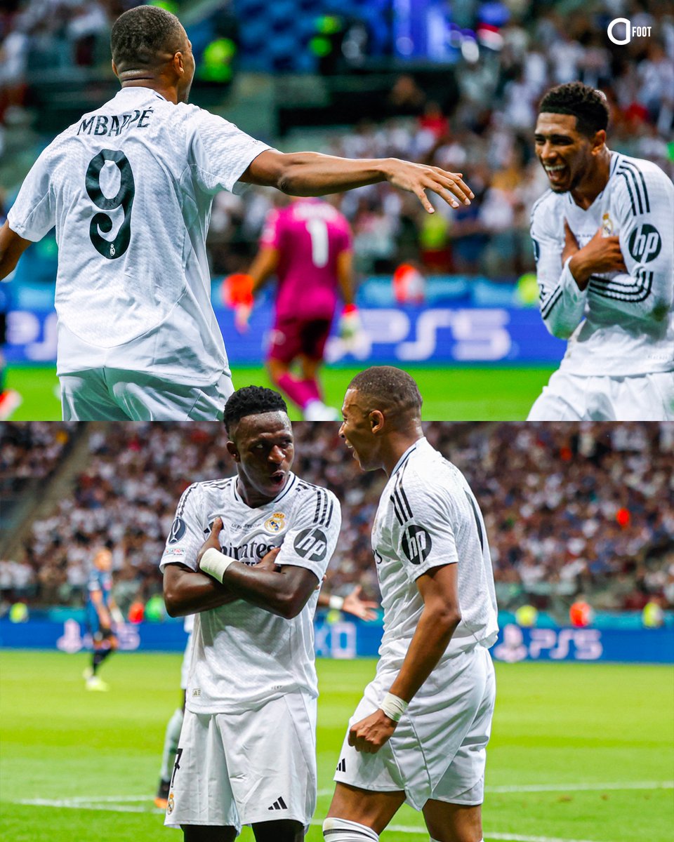ActuFoot_'s tweet photo. Jude Bellingham 🏴󠁧󠁢󠁥󠁮󠁧󠁿 et Vinicius Jr 🇧🇷 reprenant la célébration de Kylian Mbappé 🇫🇷. 😁 https://t.co/sjFfdAlp44