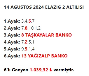 İstanbul 1 ve 2 doğu yarışlarındaki Elazığ altılı ganyan tahminlerimiz doğru isabet etmiştir. kazanan tüm üyelerimize hayırlı olsun.

İkramiyeler : 1.565,97 ₺ + 185,15 ₺ + 1.039,32 ₺ Bol kazançlar

ganyanbanko.com