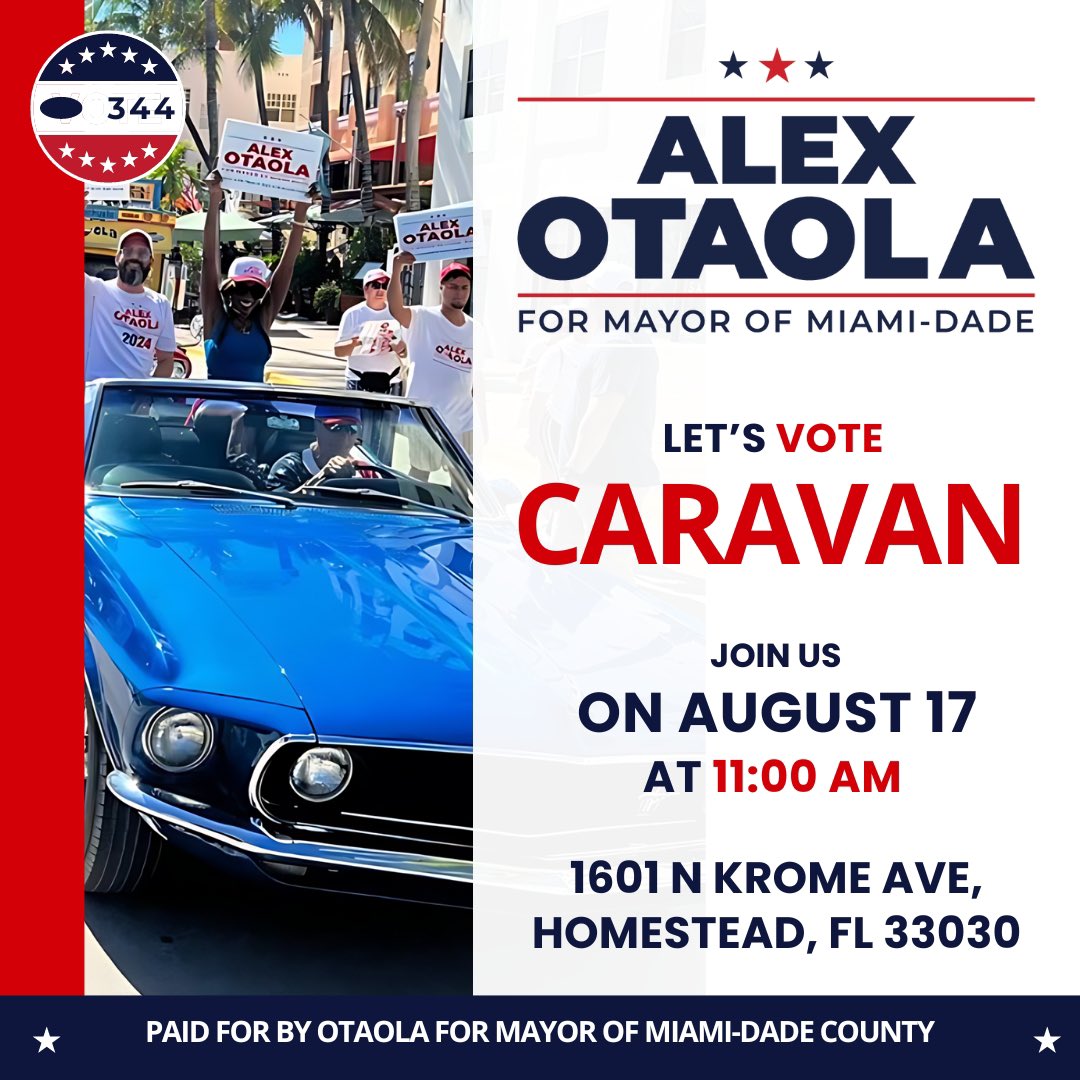 Join us!
NEXT Saturday, August 17th at 11:00 AM. 

From  1601 N Krome Ave, Homestead, FL 33030 

#voters #miamidade #miami #otaolaformayor #otaola #mayorofmiamidade #explore #trendingreels #holaotaola #miamidadecounty #onlyindade #success
