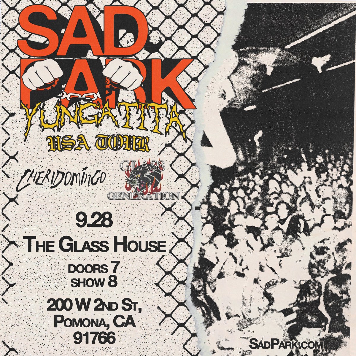 Sad Park with Yungatita, Cheridomingo, and Glass Generation will be taking the stage at The Glass House Pomona on 9/28! Get your tickets on our website or at @glasshouserecordstore!

All ages / Doors 7pm, Show 8pm