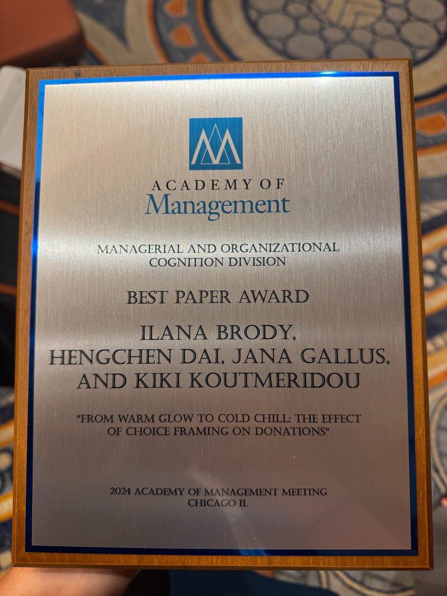 Jana Gallus (@janagallus) on Twitter photo ✨Award alert
Our Cold Chill paper generates a lotta warm feelings these days. It won the #BestPaperAward from <a href="/MOC_AOM/">MOC Division of the Academy of Management</a> at the big management conference <a href="/AOMConnect/">Academy of Management</a>.
Dream team w/ <a href="/ilanabrody/">ilana brody</a> (lead!) <a href="/hengchen_dai/">Hengchen Dai</a> <a href="/KikiKoutmeridou/">Kiki Koutmeridou</a>
🔗 bit.ly/coldchill
#academia #awards ✨Award alert
Our Cold Chill paper generates a lotta warm feelings these days. It won the #BestPaperAward from <a href="/MOC_AOM/">MOC Division of the Academy of Management</a> at the big management conference <a href="/AOMConnect/">Academy of Management</a>.
Dream team w/ <a href="/ilanabrody/">ilana brody</a> (lead!) <a href="/hengchen_dai/">Hengchen Dai</a> <a href="/KikiKoutmeridou/">Kiki Koutmeridou</a>
🔗 bit.ly/coldchill
#academia #awards