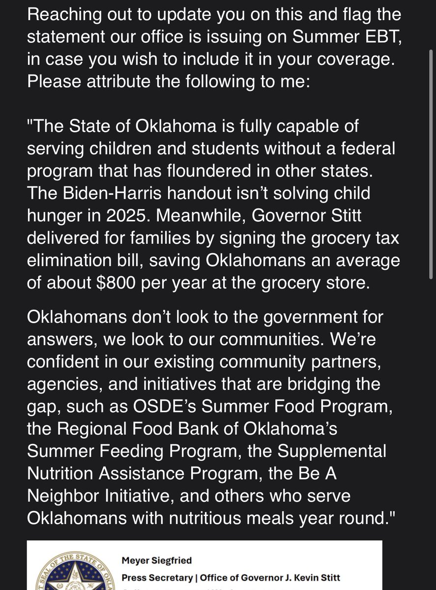 #JustIn: The deadline for the state to opt into a summer food program, that Oklahoma turned down this year, for 2025 is tomorrow. 

Governor Stitt's office just sent me this statement. It appears Oklahoma will once again not be participating. 

<a href="/kfor/">KFOR</a>
