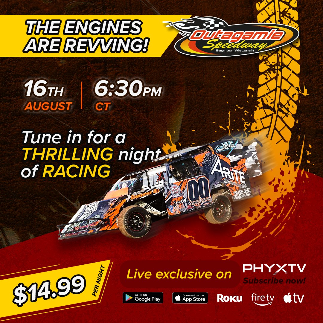 🏁 Join us on August 16th at 6:30 PM CT for non-stop racing action, streaming live exclusively on PHYXTV for just $14.99 per night. Don’t miss out—subscribe now! 🚗💨 #OutagamieSpeedway #LiveRacing #PHYXTV