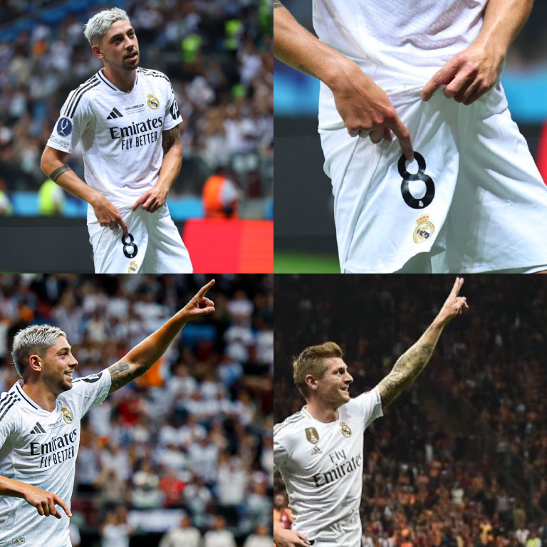 InvictosSomos's tweet photo. ¿Qué hizo Fede Valverde tras marcar en la final de la Supercopa de Europa? Se señaló el número 8. Sí, en el primer partido con su nuevo dorsal, quiso homenajear a la leyenda que lo convirtió en su heredero. Sí, en su momento de gloria, quiso recordar a Don Toni Kroos. Qué grande es el uruguayo. IMPOSIBLE NO EMOCIONARSE.
