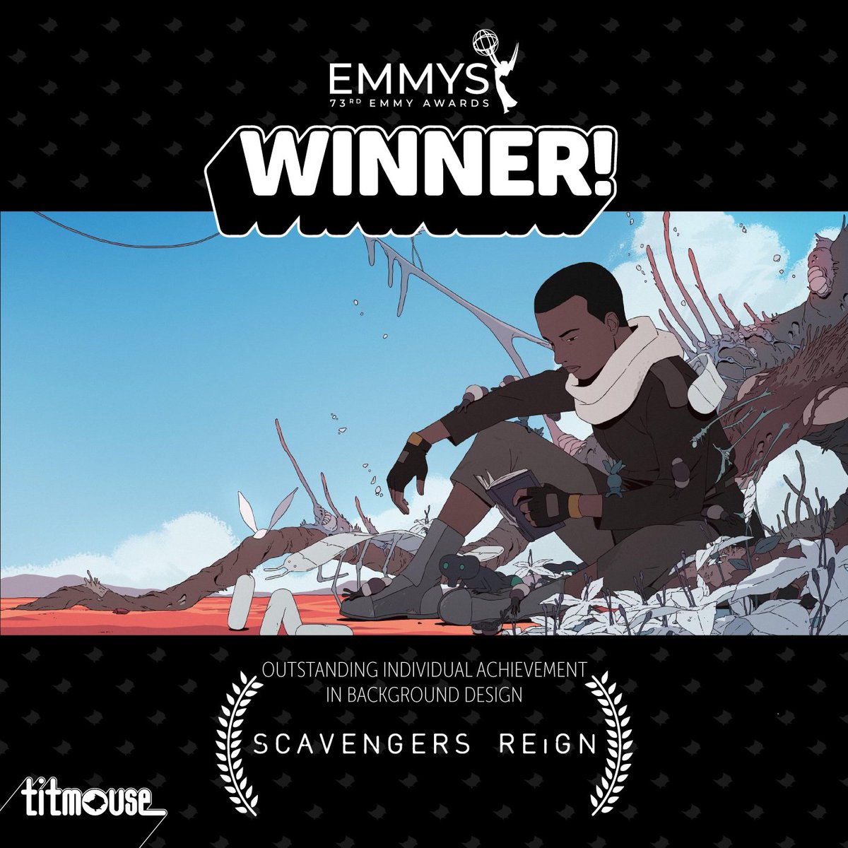 TitmouseInc's tweet photo. Congratulations #ScavengersReign crew, #GreenStreetPictures & BG Designer Noémie Leroux for taking home a Primetime #Emmy Award in Individual Achievement: Background Design for the pilot episode “The Signal.” The juried award will be presented Saturday, 9/7! 🍾

#Scavengers @streamonmax @TelevisionAcad