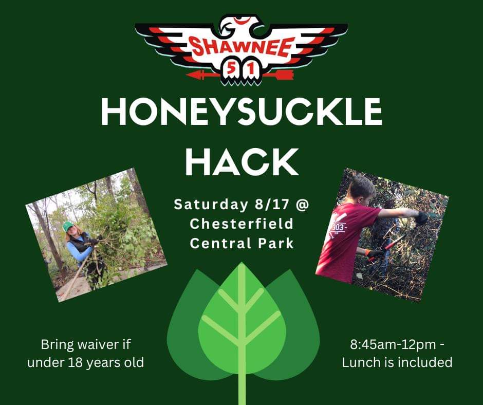 NewHorizonsOA's tweet photo. The New Horizons Chapter will have a Honeysuckle Hack service project on Saturday. Everyone should wear a Class B shirt, bring tools (loppers, saws), wear gloves and bring a water bottle. The waiver, info on the event, and a map can be found at: https://t.co/hK2F1sUDZI https://t.co/kz1HuM9uZs