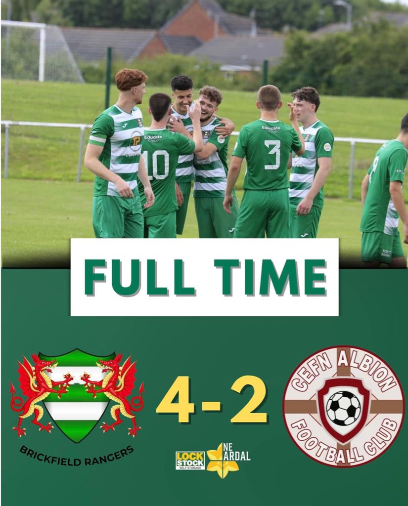 BrickfieldRFC's tweet photo. FULL TIME : Brickfield Rangers 4 
@CefnAlbionFC 2

Goalscorers ⚽️ : Steve Watkin, Andy Vale &amp; two goals from Jay Richardson 

#UPTHEBRICKY🟢
#OneClubOneCommunity💚
#DERBYWIN https://t.co/1ENyDk3kqT