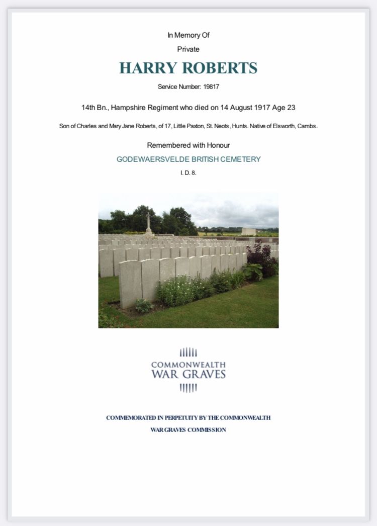 #OTD 14th AUGUST 1917:

REMEMBERING THE POMPEY PALS, 14th BATTALION, HAMPSHIRE REGIMENT.
1ST PORTSMOUTH
Private Harry Roberts Remembered With Honour, Godewaersvelde, British Cemetery, Godewaersvelde, France.
#PompeyPalsRemember
#PompeyRemembers 
#neverforgotten
#militaryhistory