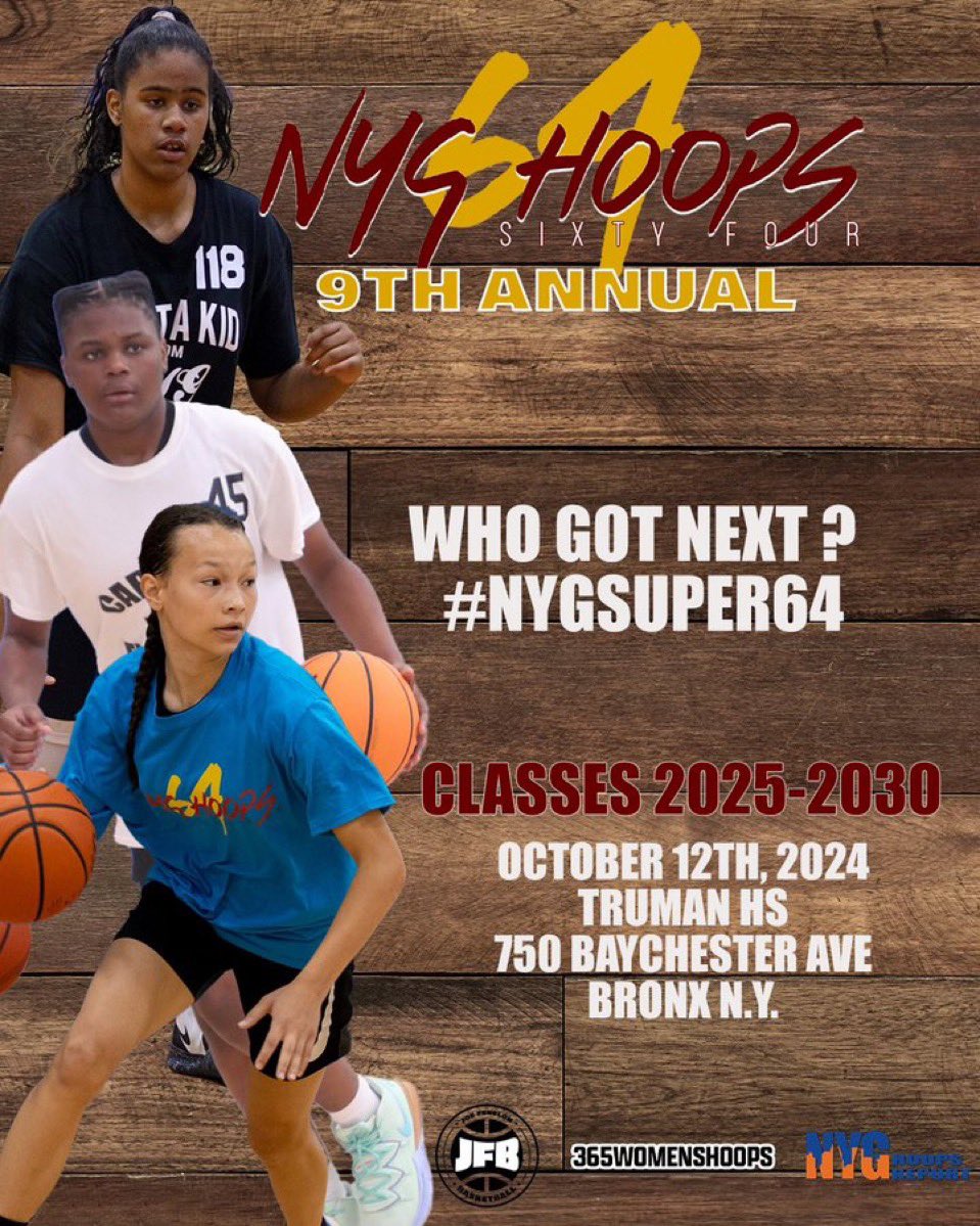 - <a href="/ShareThis/">ShareThis</a> Who got #Next 
 #NYGSuper64‼️

🆚: #BestvsBest 
📜 : 2025-2031 unsigned seniors 
🕰: October 12th 
📍: Bronx, NY
🏟: Truman H.S. 
💻: <a href="/NYGHoops/">NYGHoops</a> | <a href="/365whoops/">JoeFenelonbball</a> 
🎟: nyghoopsreport.com/events/super-64  (REG) 
 
 <a href="/MadisonKeough40/">Madison Keough</a>