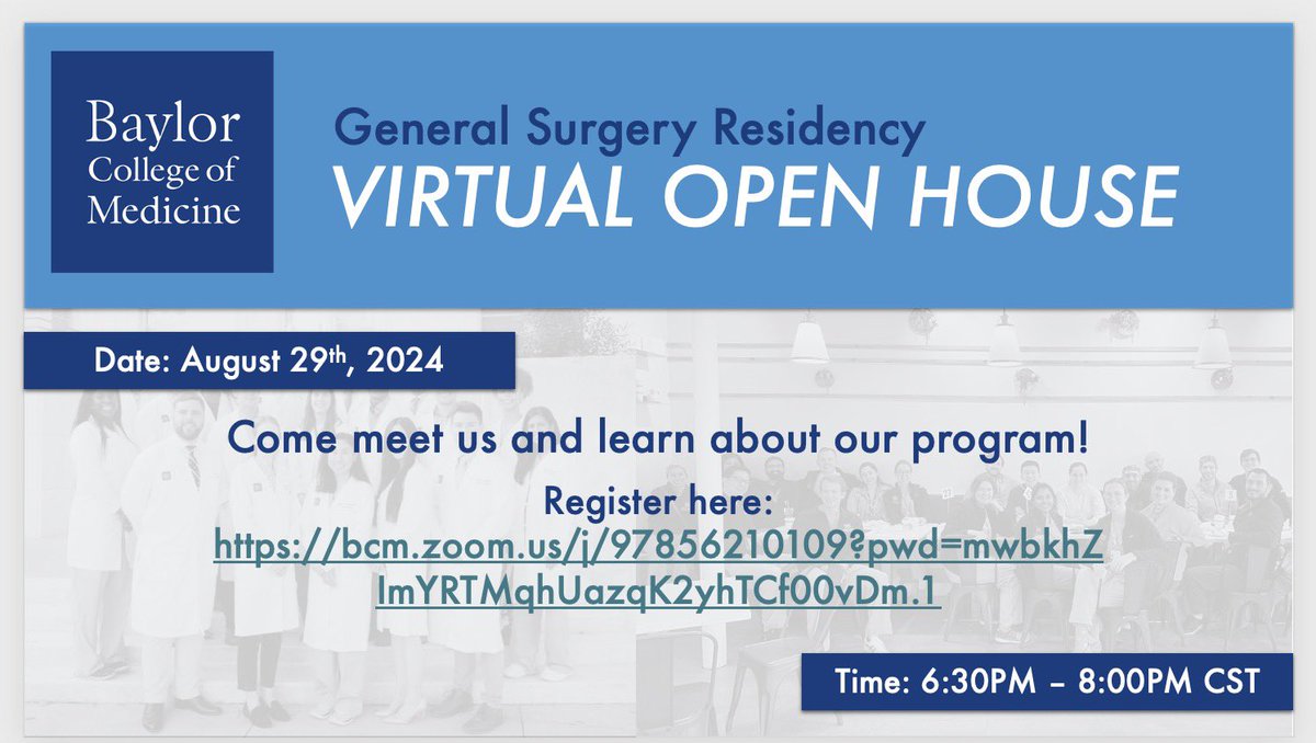 BCM General Surgery Residency (@bcmgsres) on Twitter photo And just like that⦠#GenSurgMatch2025 is upon us!
Come hang out with us and spend the evening with <a href="/BCM_Surgery/">BCM_Surgery</a> residents at our one and only virtual open house this fall on Thu, August 29 at 6:30p CST. We canāt wait to meet yāall!
Register here: bcm.zoom.us/j/97856210109?⦠And just like that⦠#GenSurgMatch2025 is upon us!
Come hang out with us and spend the evening with <a href="/BCM_Surgery/">BCM_Surgery</a> residents at our one and only virtual open house this fall on Thu, August 29 at 6:30p CST. We canāt wait to meet yāall!
Register here: bcm.zoom.us/j/97856210109?ā¦