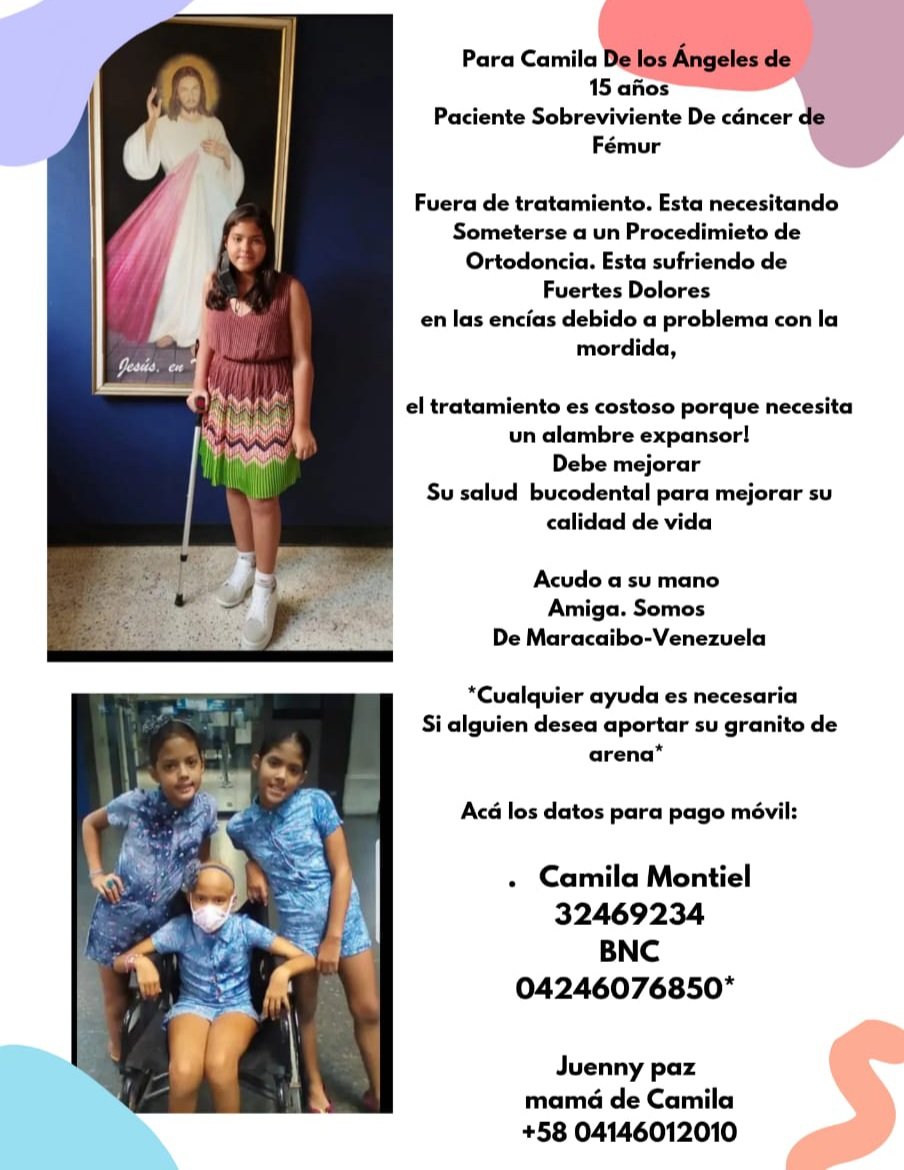 Camila es una de mis trillizas tiene 15 años. Necesita un procedimiento de Ortodoncia debido a fuertes dolores en la encía. Si alguien nos puede ayudar! Somos de Maracaibo