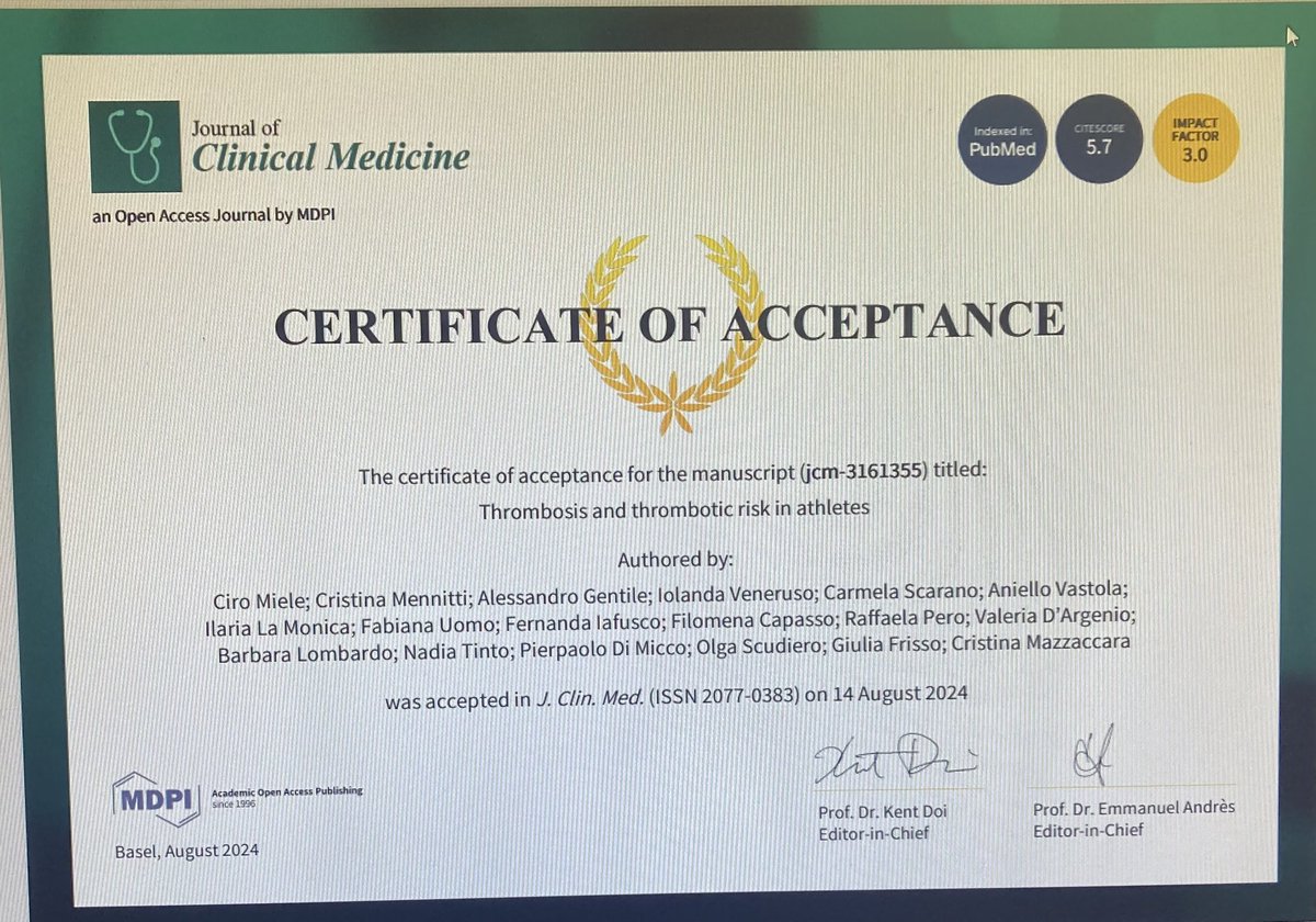 Ispirati dagli atleti Olimpici in 15 giorni una bellissima review sul rischio trombotico degli atleti valutato insieme ai colleghi dell’università #UniversitaFedericoII <a href="/MDPI/">MARIA DEL PINO ILLAD</a> #journalclinicalmedicine #ParisOlympics2024 <a href="/JCM_MDPI/">JCM MDPI</a>