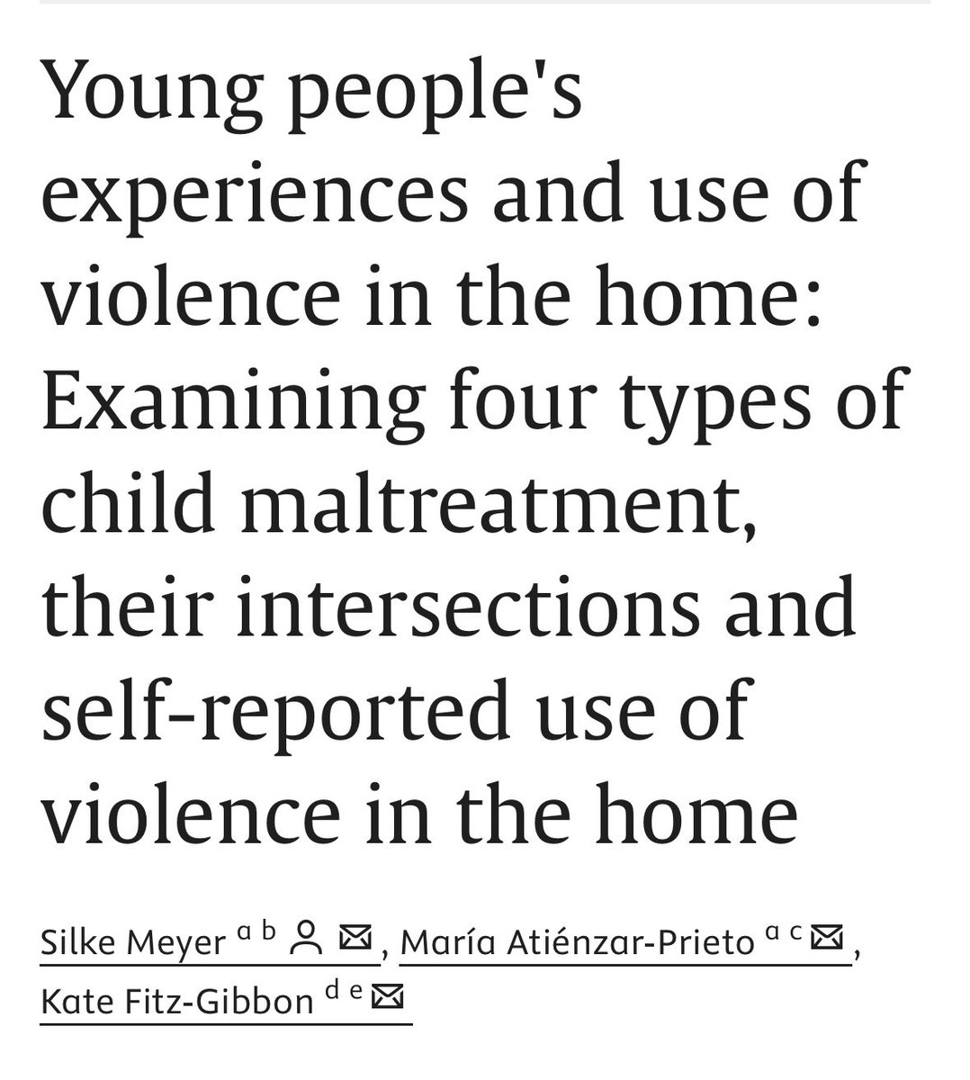 Maria Atienzar Prieto (@matienzarprieto) on Twitter photo 🚨 New open access article with <a href="/SilkeMeyer_DFV/">Prof Silke Meyer</a> & <a href="/Kate_FitzGibbon/">Kate Fitz-Gibbon</a>
We examined young people's experiences and use of violence in the home.
📄 Read the article here: linkinghub.elsevier.com/retrieve/pii/S…
Key findings below 👇🏼 🚨 New open access article with <a href="/SilkeMeyer_DFV/">Prof Silke Meyer</a> & <a href="/Kate_FitzGibbon/">Kate Fitz-Gibbon</a>
We examined young people's experiences and use of violence in the home.
📄 Read the article here: linkinghub.elsevier.com/retrieve/pii/S…
Key findings below 👇🏼