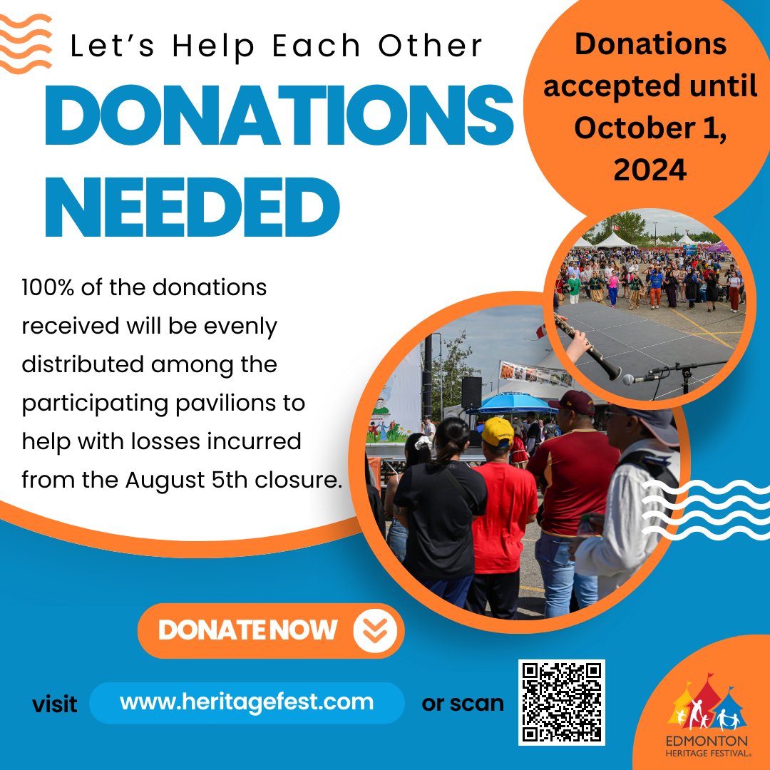 Support Our #Pavilions! 💛

Every #Dollar Counts! 🙌 Donate now and ensure that 100% of your donation #supports the pavilions affected by the August 5th closure. 

Let’s come together and make a difference!

#DonateToday #CulturalCelebration #edmontonheritagefestival