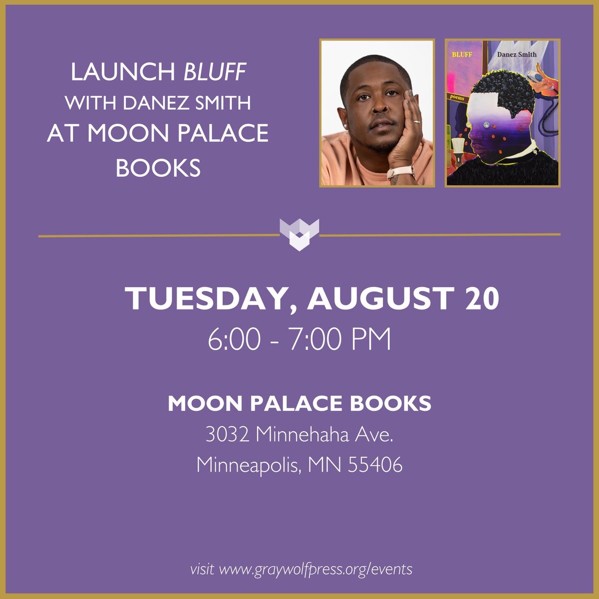 📣 Launch event announcement! 

Join <a href="/Danez_Smif/">Danez</a> next week to celebrate the release of their new collection BLUFF at <a href="/MoonPalaceBooks/">abolish the police</a> on Tuesday, August
20th at 6:00 PM!

Trust us, you won't want to miss this unforgettable reading and conversation 🔮

moonpalacebooks.com/events/4721202…