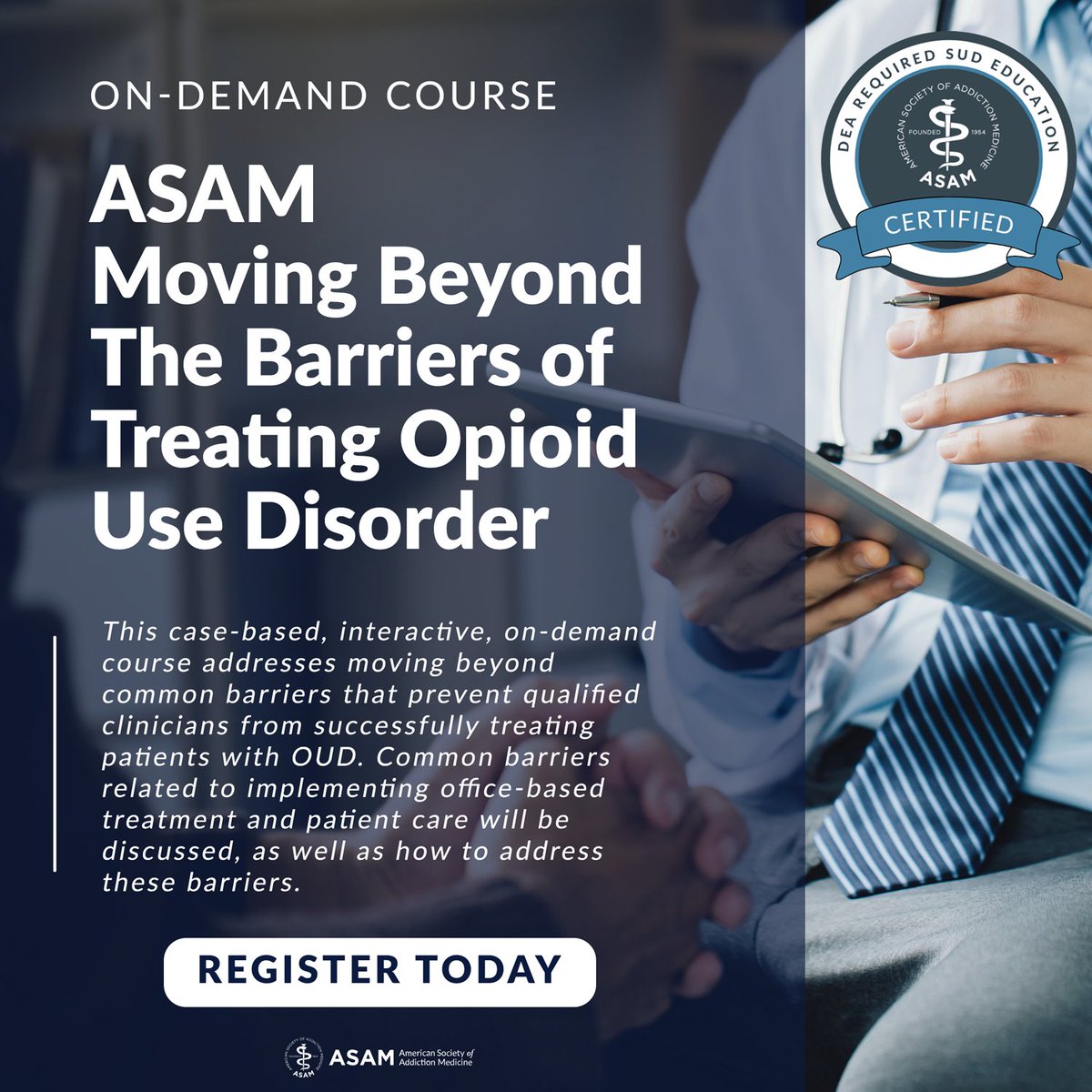 ASAMorg's tweet image. Learn more about this course and register now &amp;gt;&amp;gt; ow.ly/64th50SWqsw 

#ASAM #Opioids #OpioidUseDisorder #OUD #AddictionMedicine #AddictionTreatment #DEA