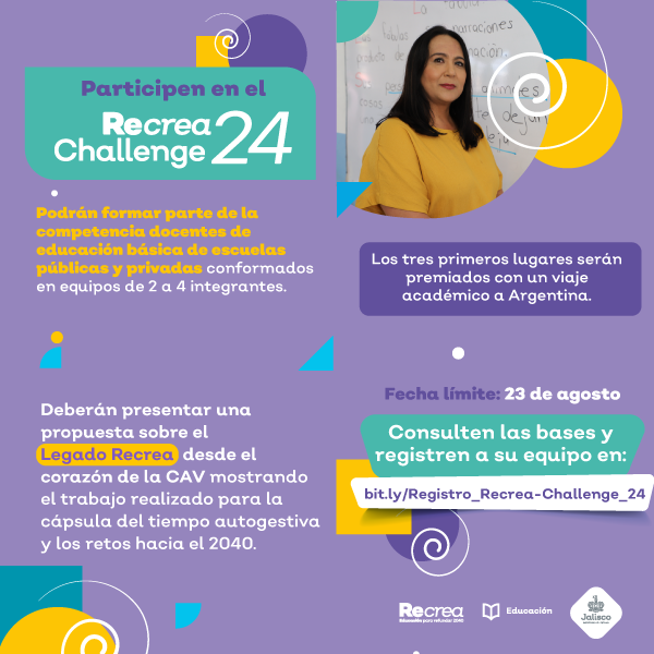 JCFloresMiramon's tweet photo. Estimados docentes, es momento de compartir las transformaciones que han logrado en sus comunidades de aprendizaje participando en el #RecreaChallenge 2024 donde podrán mostrar cuál es el #LegadoRecrea que dejarán para el futuro. Revisen la convocatoria: https://t.co/bMVW8PZajY https://t.co/jpnLki7lbe