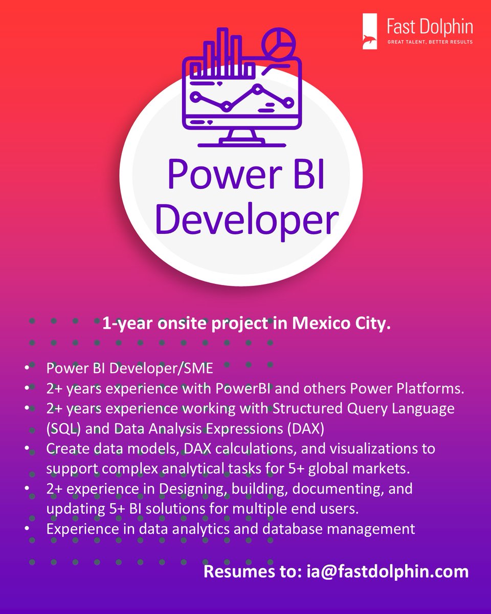 fastdolphin's tweet image. ia@fastdolphin.com
USD Referral Bonus!
fastdolphin.com/vacante/?ident…
#powerbi #powerbideveloper #RemoteWork #CareerOpportunity #itjobs #itjobsmexico #ReferralBonus #TechJobs #hiringnow