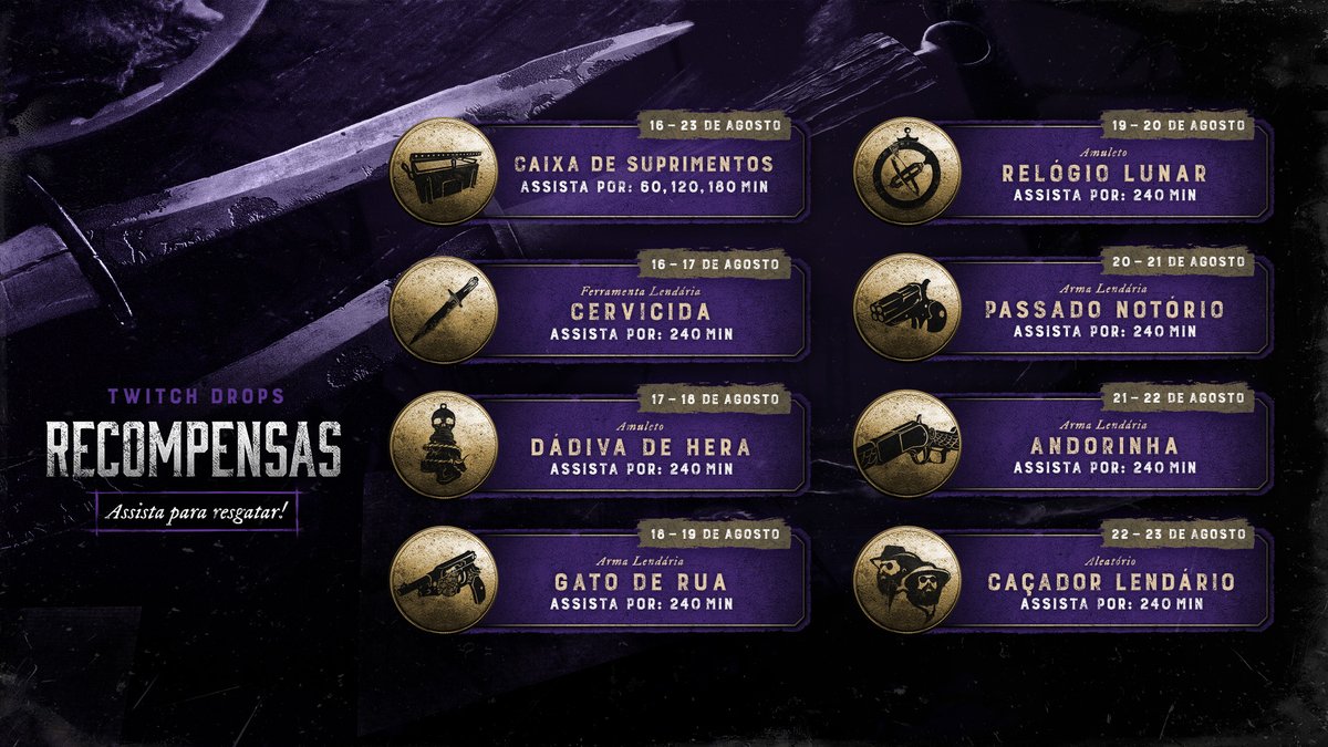 HuntShowdownBR's tweet photo. Outra rodada de Twitch Drops começa dia 16 de agosto!

Dê uma olhada em quais recompensas estarão disponíveis. https://t.co/YRjHdafJOe