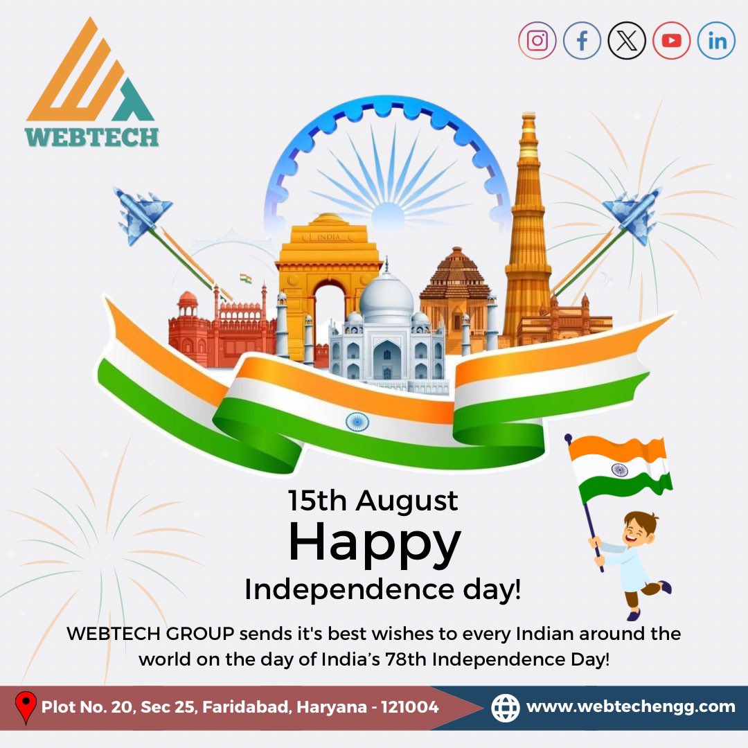 Webtech_group's tweet image. WEBTECH GROUP wishes you all a very Happy Independence Day! 🇮🇳

As we celebrate 78th independence day, let&apos;s pay tribute to the heroes who sacrificed everything for our freedom. May we continue to spread love, unity, and respect for the diversity that makes our nation strong. ✊🏼