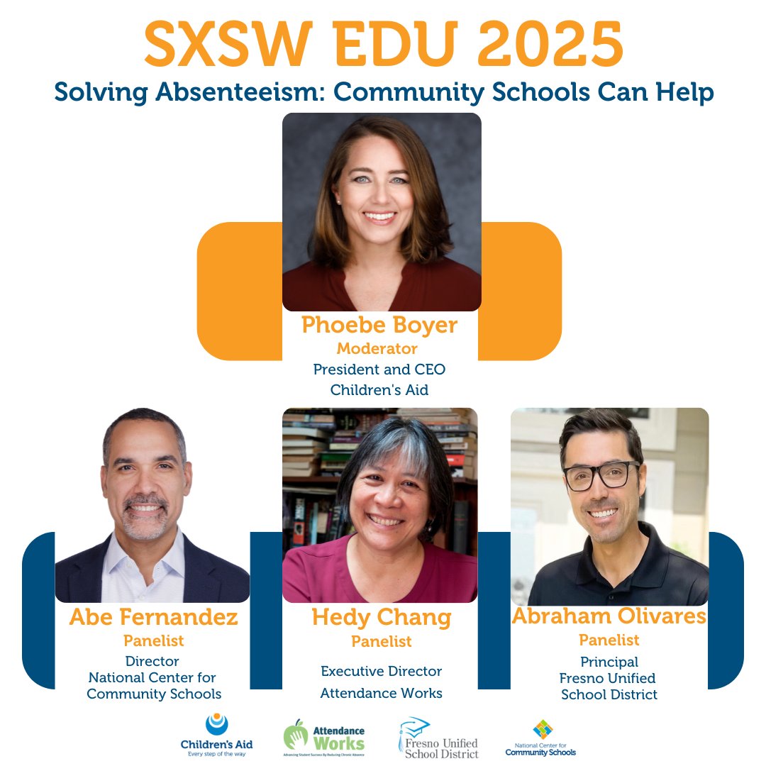 Help us bring our panel, “Solving Absenteeism: Community Schools Can Help,” to SXSW EDU! Join moderator Phoebe Boyer, President and CEO of Children’s Aid and panelists Hedy Chang, Abraham Olivares, and Abe Fernández. Vote for us here➡️canyc.info/SXSWVote by August 18!