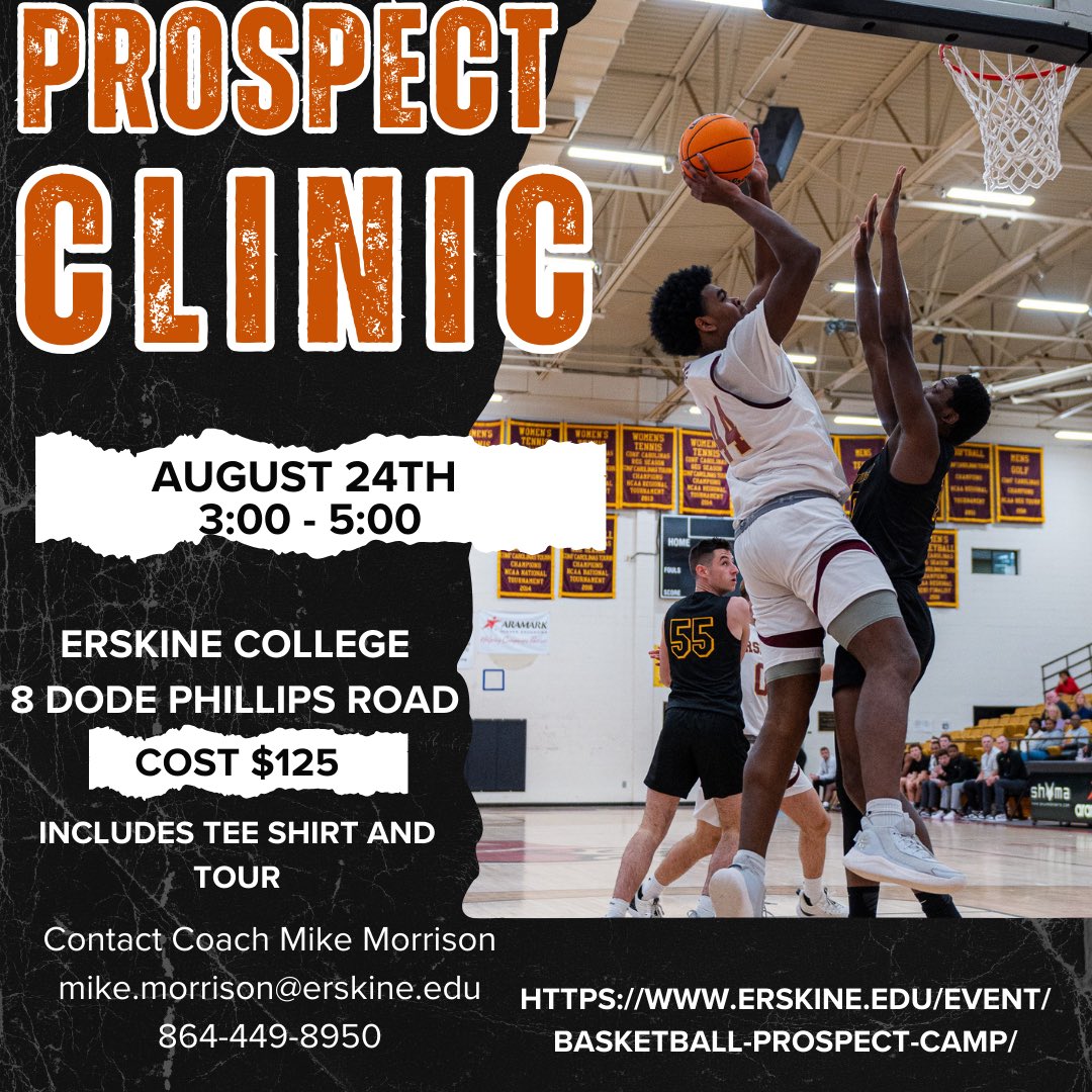 ⚠️ CALLING ALL HIGH SCHOOLERS🏀

Join us at the Erskine College Prospect Clinic on August 24th from 3:00 to 5:00 PM.

📍Erskine College, 8 Dode Phillips Road
$125 (Includes tee shirt and tour)

erskine.edu/event/basketba…