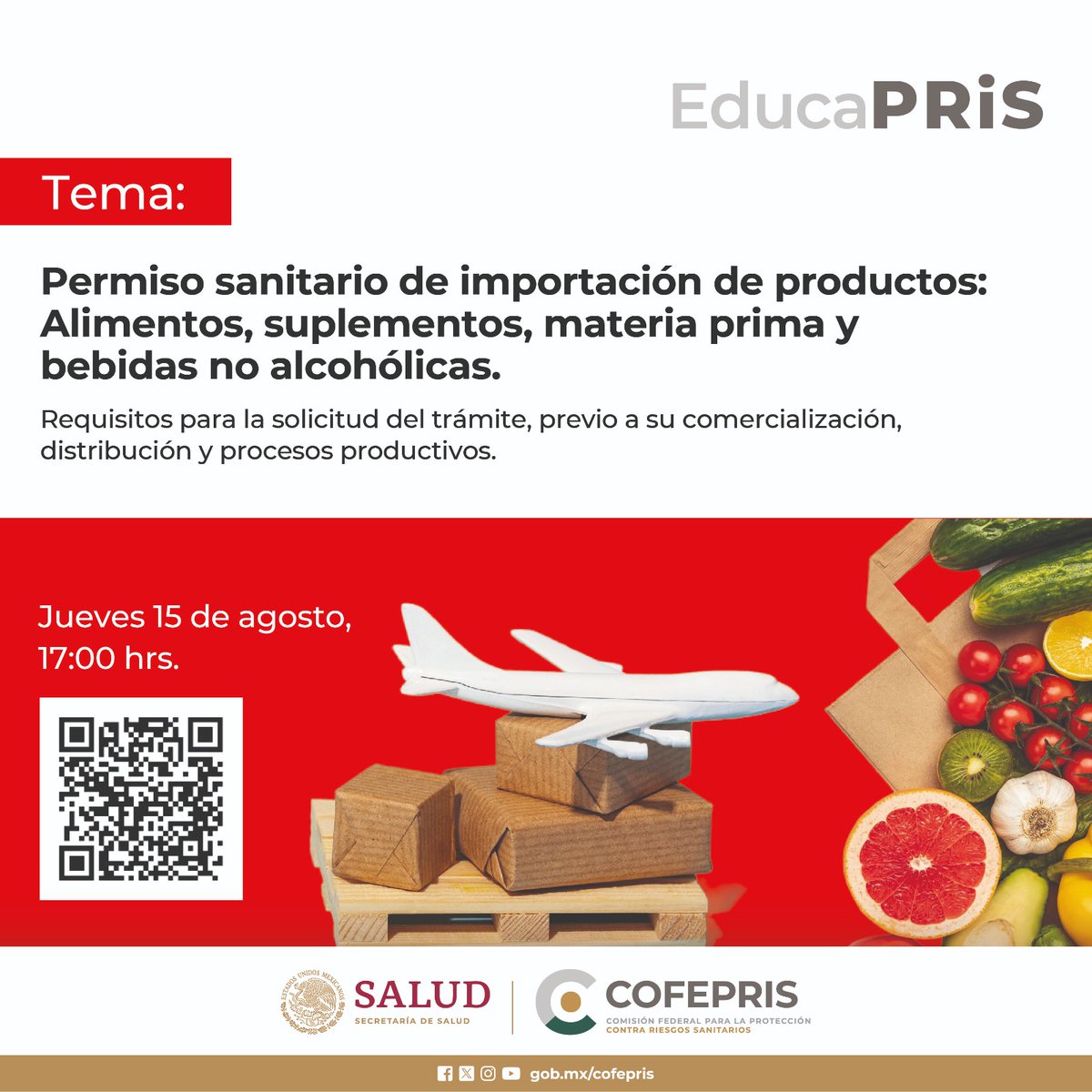 COFEPRIS's tweet photo. Este jueves de #Educapris, expertas y expertos hablarán de los procesos que debe cumplir la industria alimentaria 🥫🧃para introducir a territorio nacional estos productos conforme a la legislación sanitaria vigente en 🇲🇽. 
Únete 17:00h.  👉https://t.co/a5JjHRKCBT https://t.co/7iK4XkKlmW