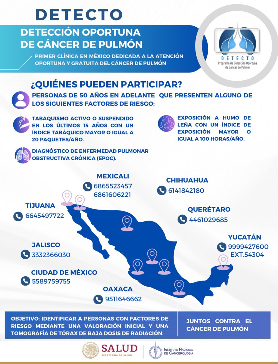 Oscar Arrieta (@ogarrieta) on Twitter photo El protocolo de tamizaje de cáncer de pulmón DETECTO, primer programa para la detección temprana de cáncer de pulmón en 🇲🇽 <a href="/detectoincan/">Clínica Detecto INCan</a> del <a href="/incanMX/">Instituto Nacional de Cancerología</a> y de <a href="/UToracica/">UFOT INCan</a>, se expande a diferentes ciudades de la República 🇲🇽, en colaboración con <a href="/SMNYCT/">SMNyCT</a>, con el fin de generar El protocolo de tamizaje de cáncer de pulmón DETECTO, primer programa para la detección temprana de cáncer de pulmón en 🇲🇽 <a href="/detectoincan/">Clínica Detecto INCan</a> del <a href="/incanMX/">Instituto Nacional de Cancerología</a> y de <a href="/UToracica/">UFOT INCan</a>, se expande a diferentes ciudades de la República 🇲🇽, en colaboración con <a href="/SMNYCT/">SMNyCT</a>, con el fin de generar