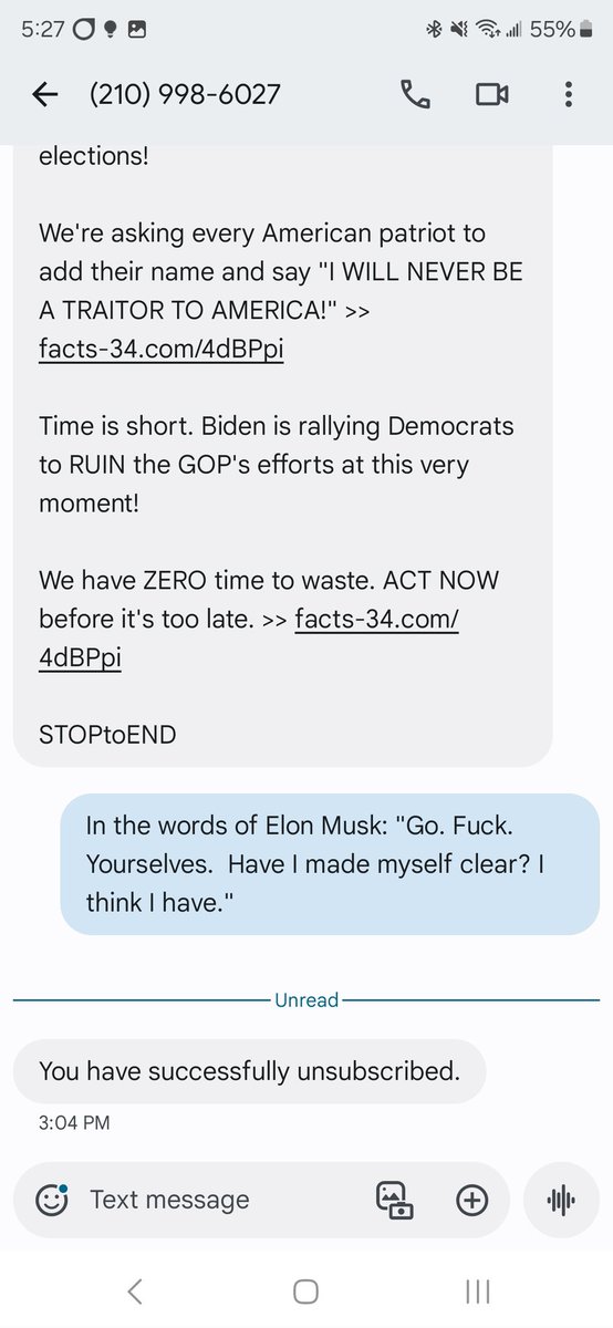 For some reason I am in a GOP database and keep receiving texts from far right organizations.  These all get directed to my spam folder.  However, the below came in today and I thought I would respond.  The fact that my response worked is icing on the cake.
