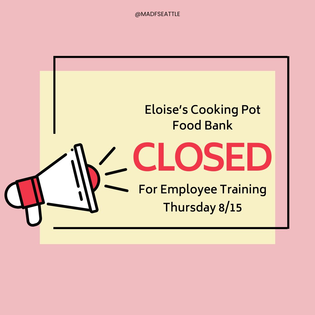 Tomorrow, Thursday 8/15 Eloise’s Cooking Pot Food Bank will be closed all day for Employee Training. We are sorry for any inconvenience! We will be back to our regular hours (10am-4pm) on Friday 8/16.