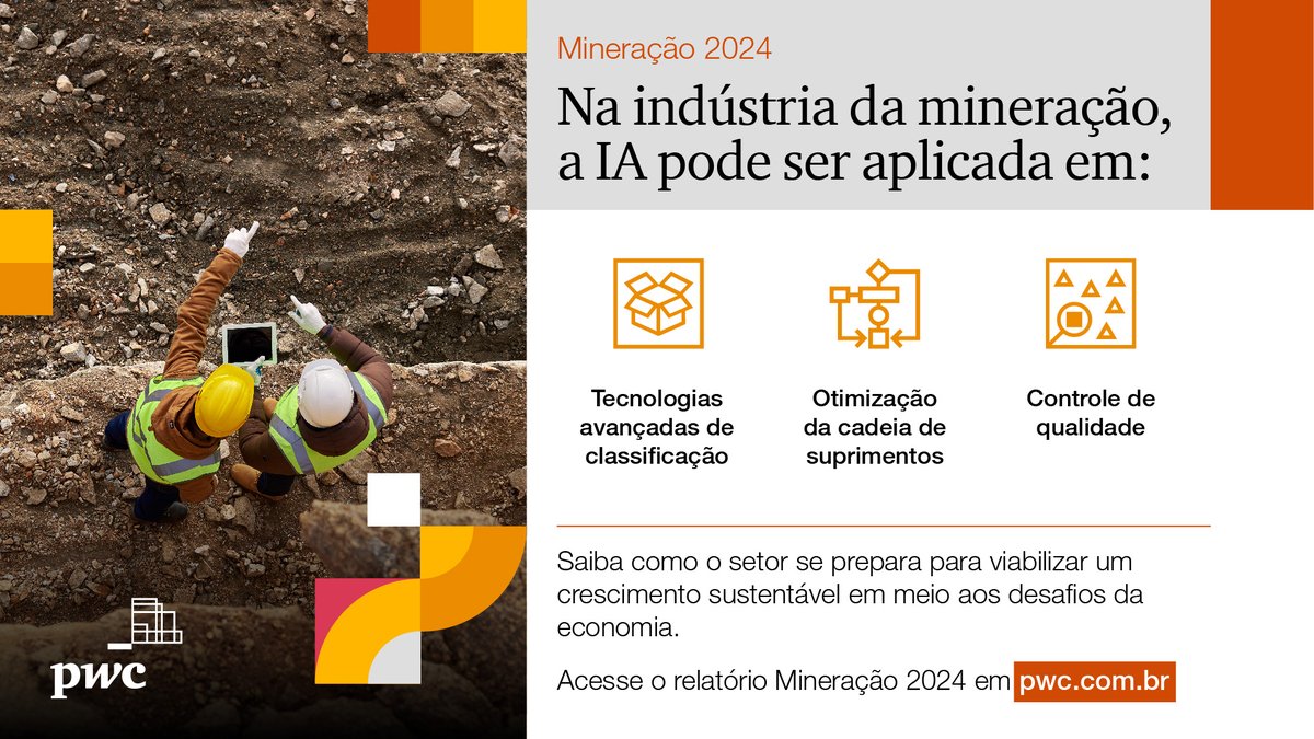 Integrar a IA à mineração urbana permitirá que a indústria obtenha maior eficiência, melhores taxas de recuperação de material, redução de custos e menor impacto ambiental. Acesse o nosso relatório Mineração 2024 e descubra as perspectivas do setor: pwc.to/4dnytSz