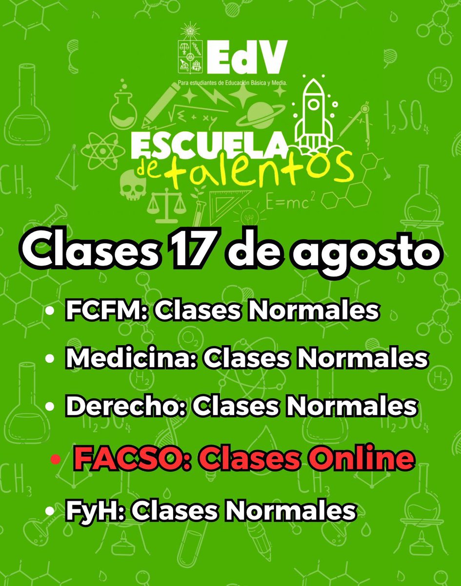 EdV_UChile's tweet photo. ❗️ATENCIÓN ❗️
Por motivos de fuerza mayor, la Facultad de Ciencias Sociales se encontrará CERRADA el día sábado. La clase del curso Introducción a las Neurociencias se realizará de manera ONLINE. El link para ingresar a la cátedra se encontrará disponible U-Cursos. https://t.co/Ff4Y6x4ZNd
