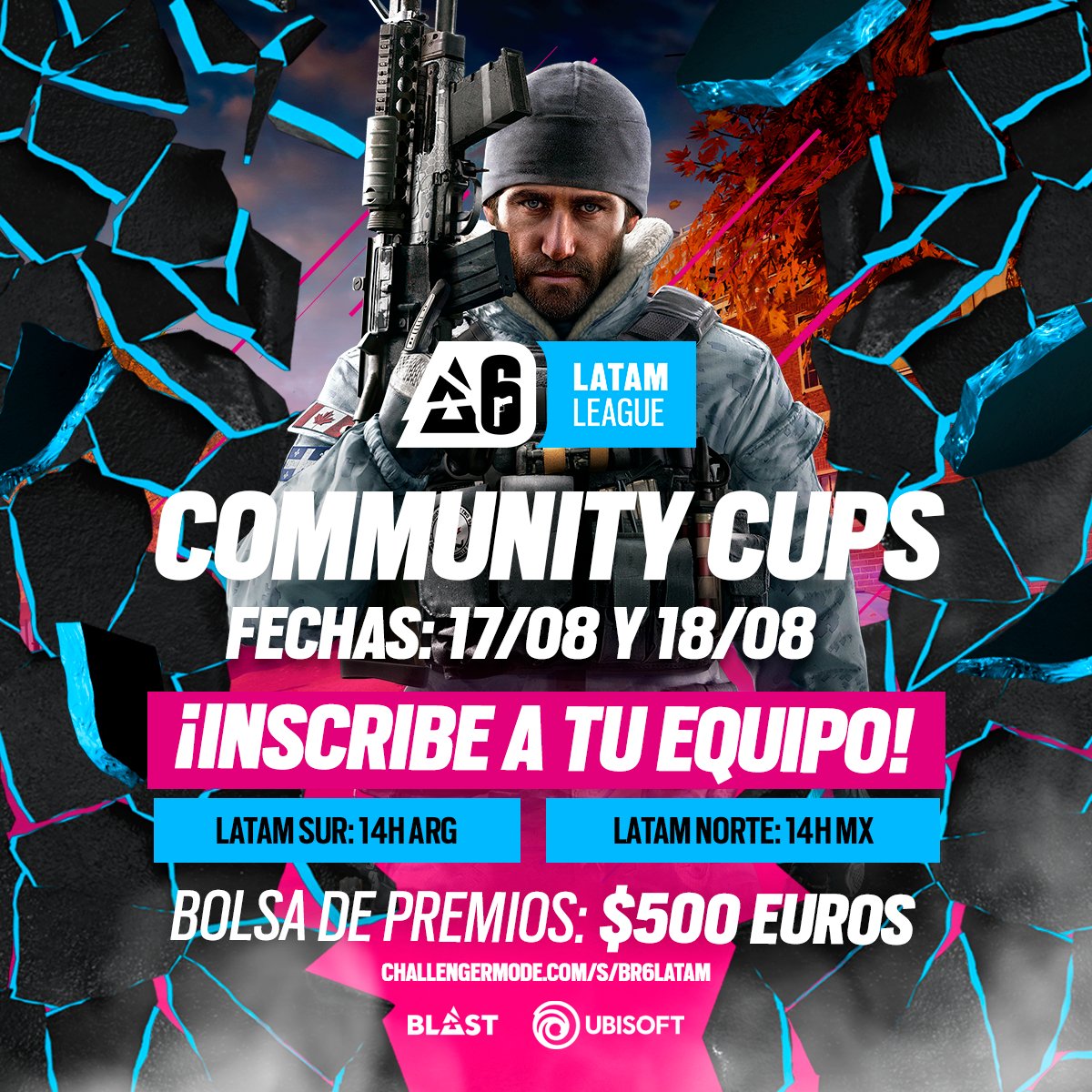 R6esportsES's tweet photo. ¡El desafío está aquí! 🔥
Este 17 y 18 de agosto, las Community Cups te esperan en #R6LATAM.
Compite y demuestra tus habilidades en:
📔Latam Sur: https://t.co/ybL1il3OHr
📔Latam Norte: https://t.co/px8f4faGTL
¡No te quedes fuera! 🏆
#Esports #RainbowSix #CommunityCups https://t.co/qKnVWoRKC7