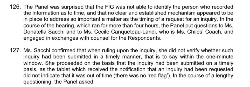 JennaLaineESPN's tweet photo. So this is really nuts. Three things stand out. 

1) The FIG admitted during the CAS hearing that they had no mechanism in place for monitoring the length of time on appeals at the Olympics. 

2) They also could not identify who the person was responsible for logging the appeal for Jordan Chiles. It says, “The failure was the responsibility of the FIG, not of Ms. Sacchi or Ms. Canqueteau-Landi.” 

3) Look at the time other inquiries were filed in that same floor final: 1:22 for Rebeca Andrade and 1:35 for Sabrina Maneca-Voinea. 

https://t.co/yNW9KCFsPC